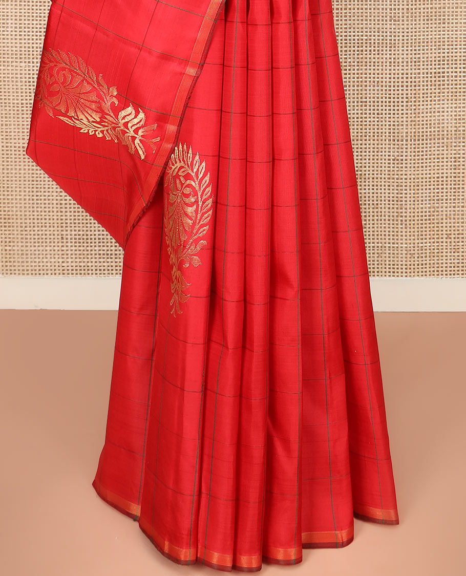Red Kanchipuram Silk Saree Embellished with Big Floral Buttas within Checks, Complemented by a Piping Border, Featuring a Contrast Pallu Steeped with Manga Motifs, Paired with a Matching Blouse