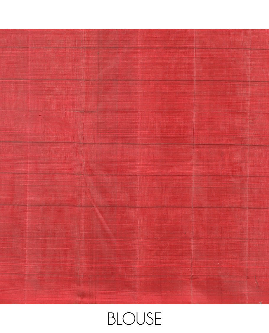 Red Kanchipuram Silk Saree Embellished with Big Floral Buttas within Checks, Complemented by a Piping Border, Featuring a Contrast Pallu Steeped with Manga Motifs, Paired with a Matching Blouse