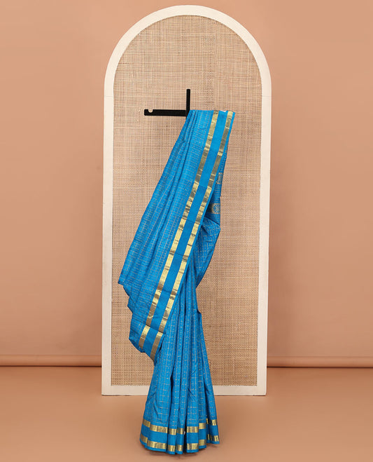 Blue zari checked Kanchipuram silk saree, one-sided rettai pettu zari border and zari design pallu