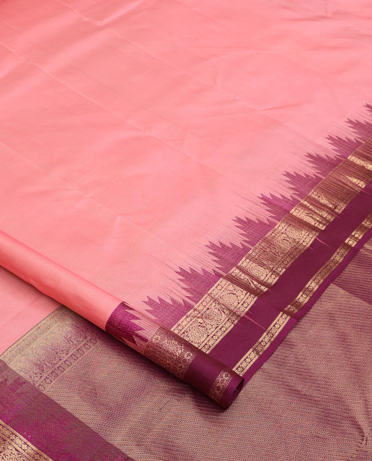 Pink plain Kanchipuram silk saree, contrast rettai pettu border border of kodi visiry designs, and diagonally woven pallu