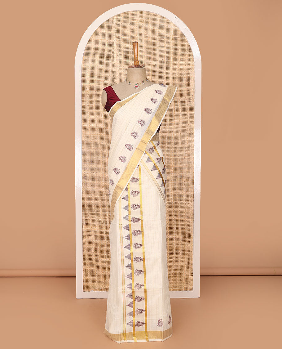Cream striped Kerala mundu set,  zari border of manga & temple print