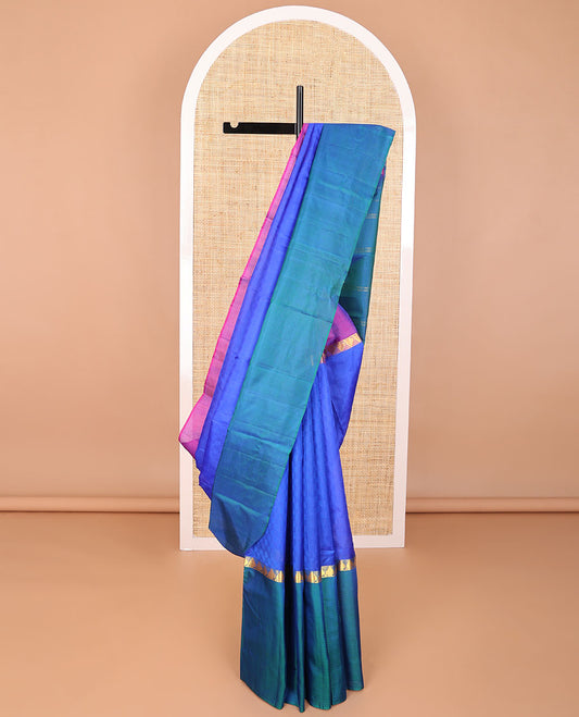 Blue checked kancheepuram silk saree with contrast striped, leaf design border & striped pallu