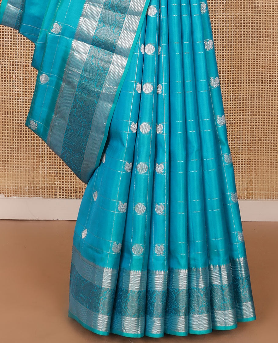 Blue annam chakram checked soft silk saree, zari border of thilakam,banaras, then kuli kann & mayil & jaal pallu