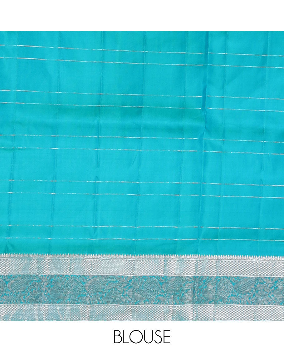 Blue annam chakram checked soft silk saree, zari border of thilakam,banaras, then kuli kann & mayil & jaal pallu