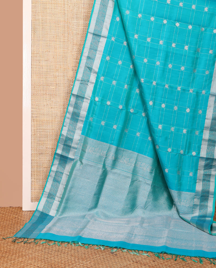 Blue annam chakram checked soft silk saree, zari border of thilakam,banaras, then kuli kann & mayil & jaal pallu