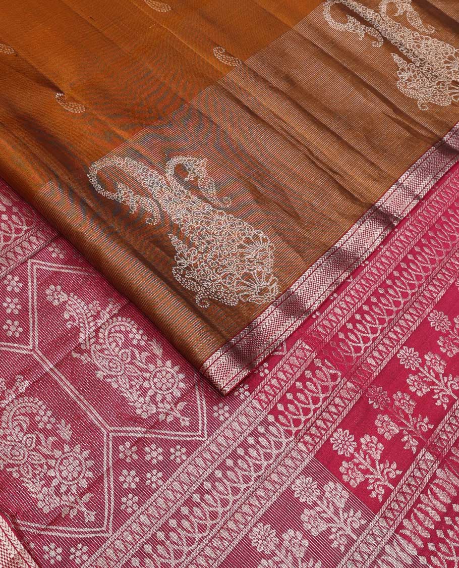 Honey color manga zari buttas soft silk saree, beetu manga butta contrast border of kathir and bentex designs, and intricate pallu