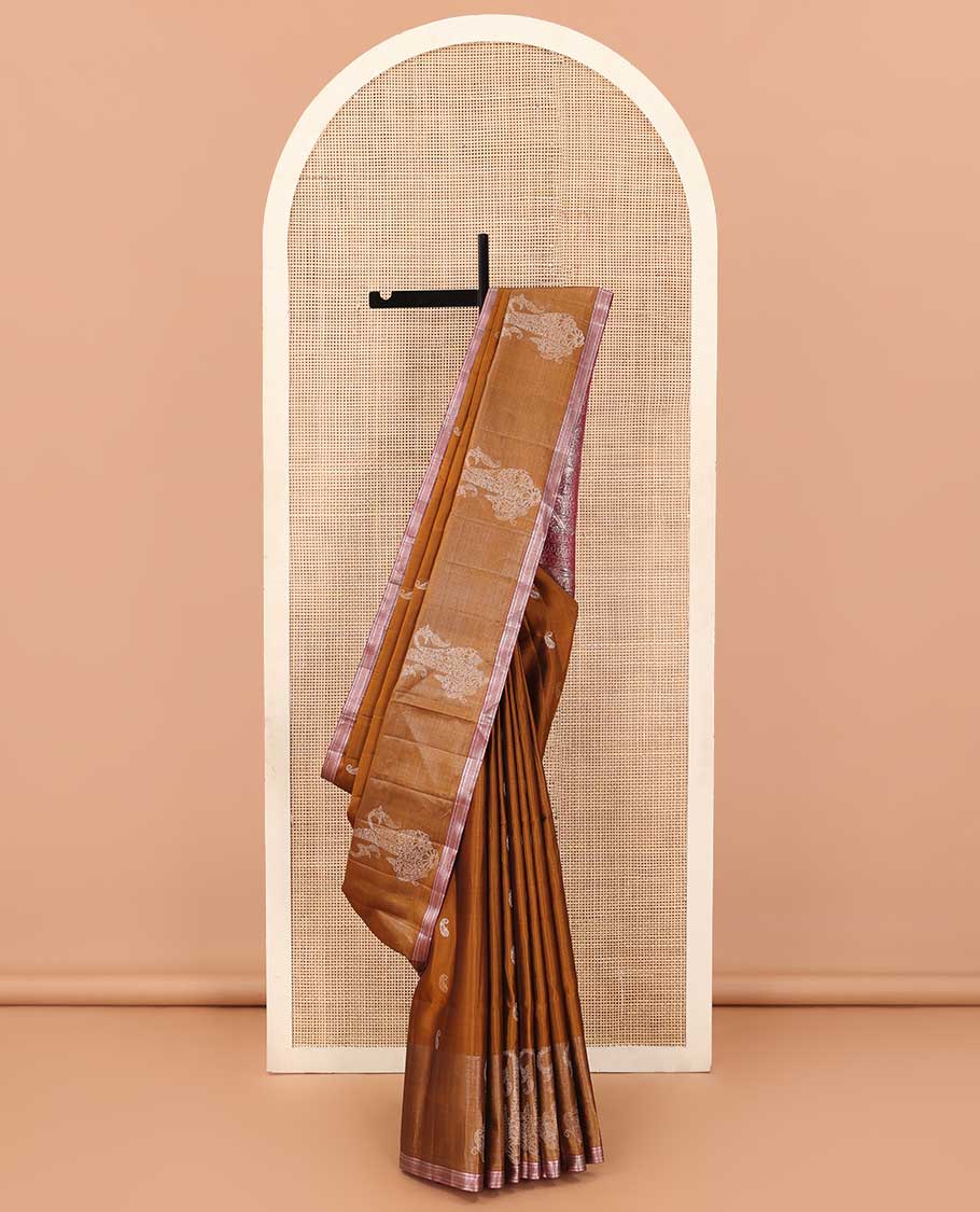 Honey color manga zari buttas soft silk saree, beetu manga butta contrast border of kathir and bentex designs, and intricate pallu