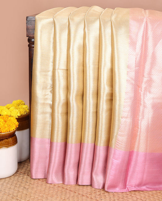 Gold with pink gold zari brocade design banaras kora tissue saree with contrast  jacquard border & rich weaving pallu along with brocade blouse