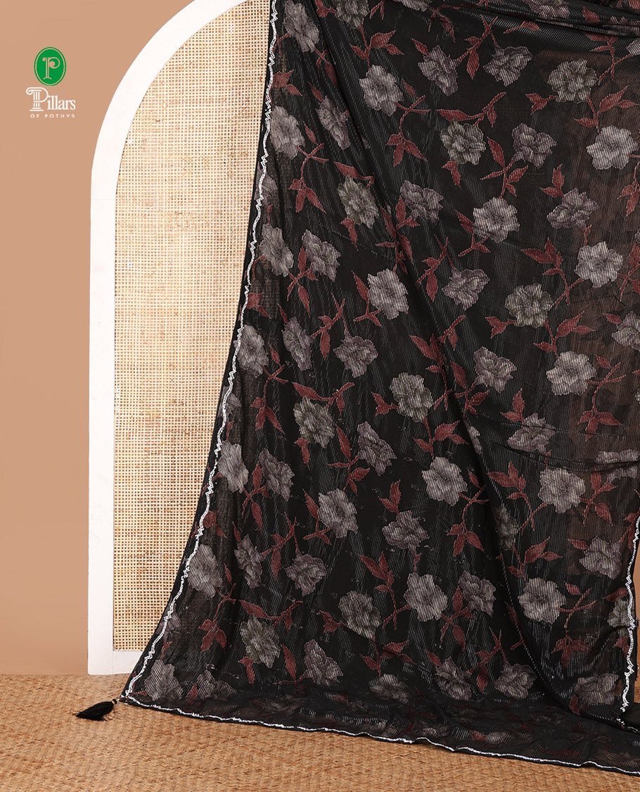 Black brasso-style floral design luxury georgette saree, Swarovski stonework border & blouse of buttas & Swarovski stonework