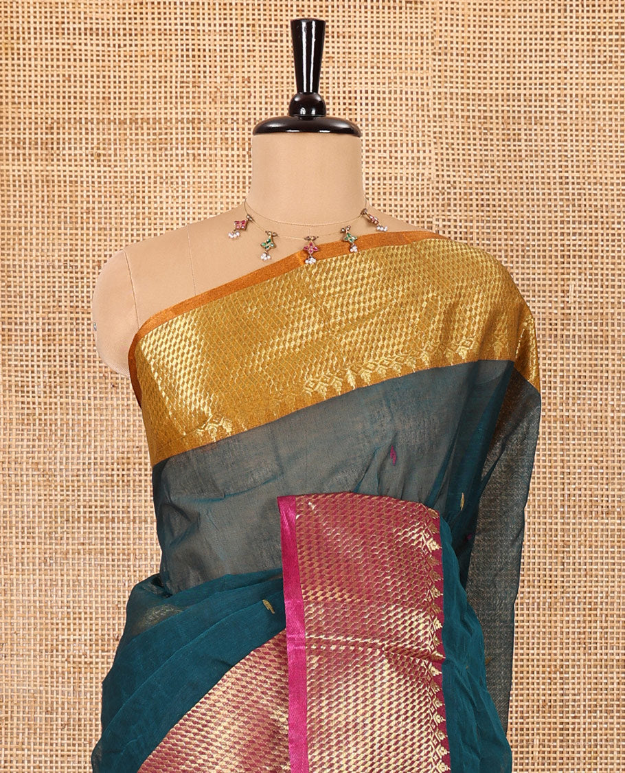 Peacock color thread buttas woven Bengal cotton saree, contrast traditional zari ganga jamuna border, and striped pallu