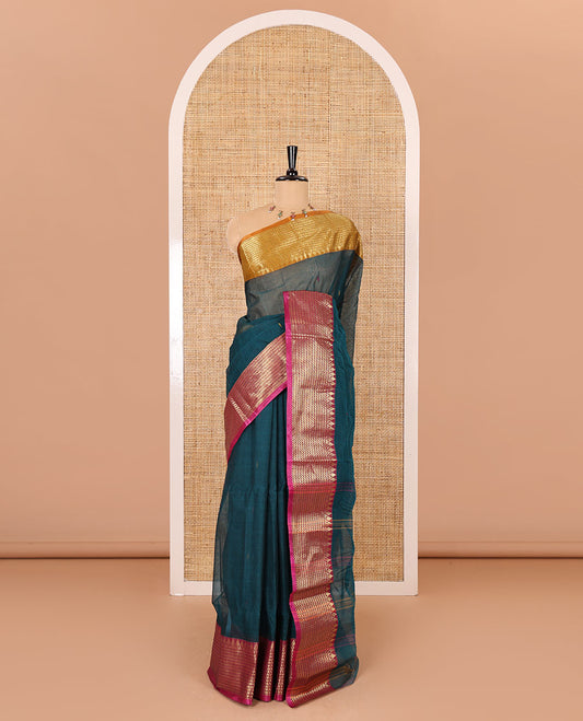 Peacock color thread buttas woven Bengal cotton saree, contrast traditional zari ganga jamuna border, and striped pallu