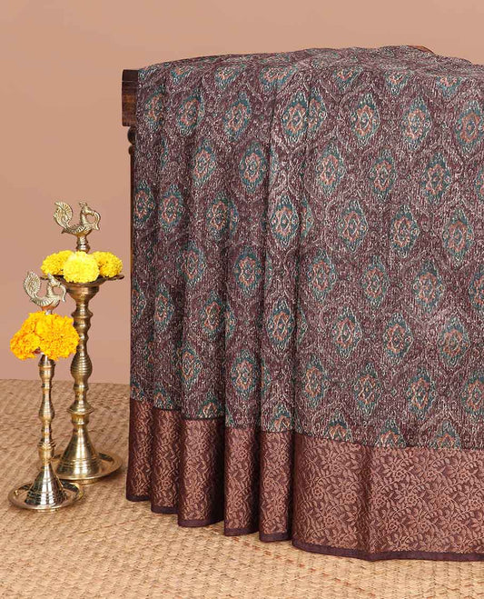 Wine color screen print linen saree with leaf, floral style border & chit pallu along with brocade blouse