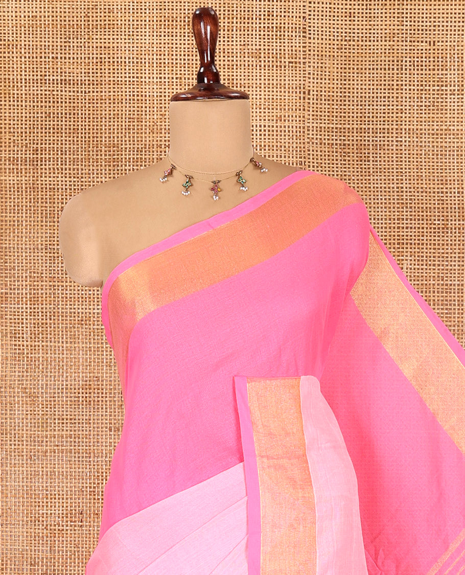 Light Pink-Pink Half-And-Half Plain Khadi Mul Cotton Saree, a Gold Zari Border, Striped Pallu, and No Blouse
