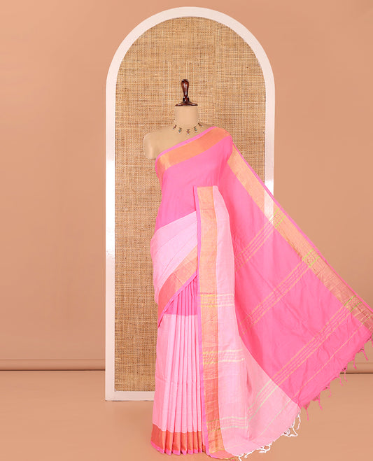 Light Pink-Pink Half-And-Half Plain Khadi Mul Cotton Saree, a Gold Zari Border, Striped Pallu, and No Blouse