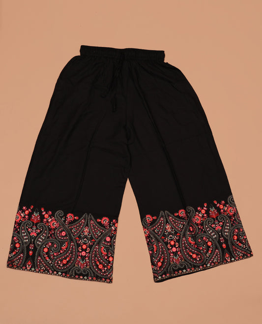 Black-base multi-color floral-paisley motifs thread and sequins kashmiri embroidered rayon palazzo pants