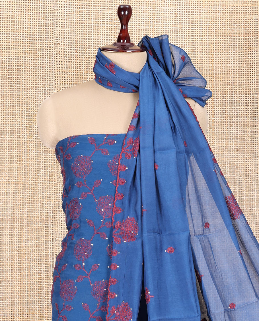 Peacock Blue Mul Chanderi Material Churidar Features Floral Vine Embroidery Top, a Plain Bottom, and a Embroidered Dupatta