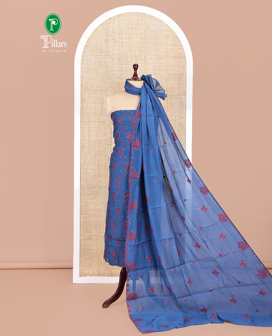 Peacock Blue Mul Chanderi Material Churidar Features Floral Vine Embroidery Top, a Plain Bottom, and a Embroidered Dupatta