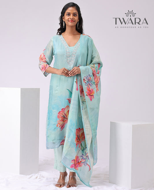 Twara blue floral printed v neck , 3/4 th sleeve , below knee lenght kurti with straign pants & floral printed dupatta