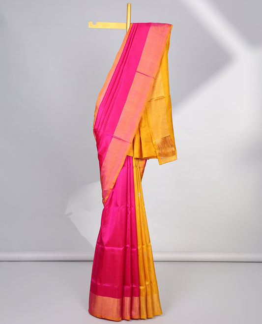 Pink uppada silk saree with contrast plain border & floral buttas pallu