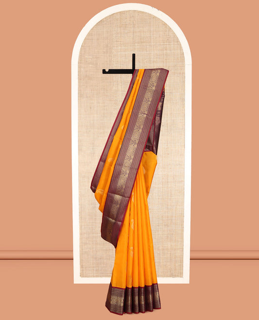 Orange Vasundhara Lite Silk Mix Saree, Woven with Zari Buttas, a Contrast Border of Muthu, Paisa, Yaanai, Mayil, and Chakram Designs, Grand Pallu, and a Contrast Blouse