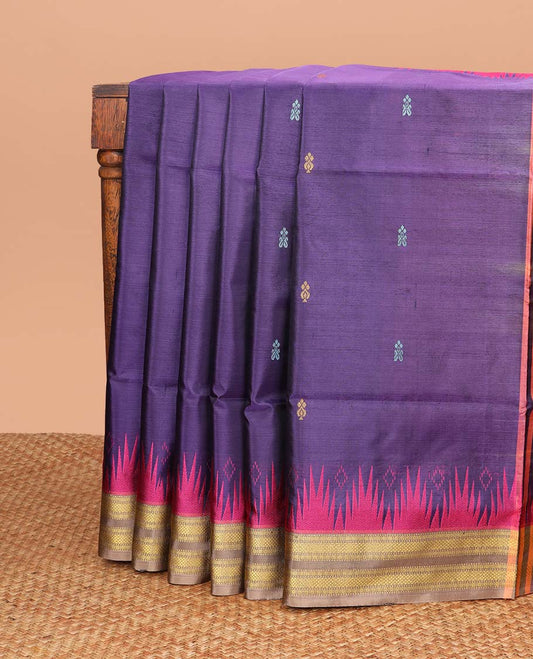 Violet motifs banana pith saree with contrast rettai pettu zari design border & floral pallu