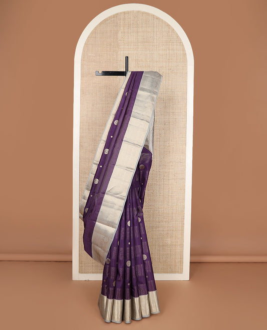 Violet zari design silk saree, contrast border of thilakam mokku,kathir & mayil designs & intricate zari pallu