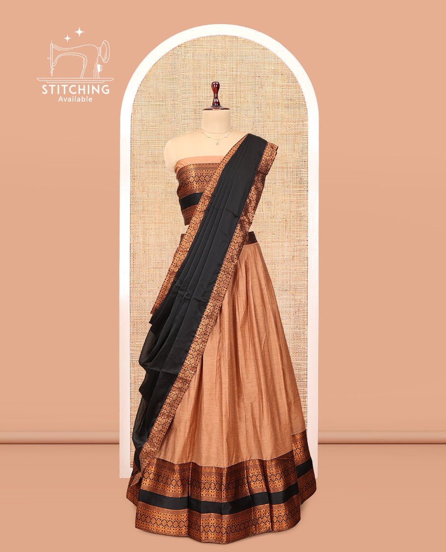 Sandal Chanderi Cotton Half-Saree, Plain Skirt, Contrast Traditional Zari Rettai Pettu Border, a Matching Blouse, and Contrast Dupatta