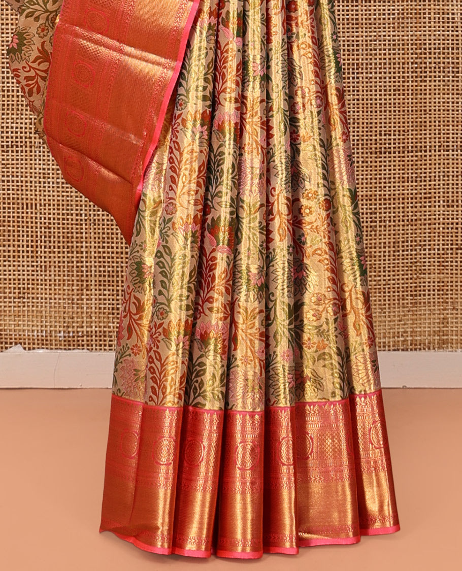 Gold Kanchipuram Tissue Silk Saree, Majestically Detailed with Floral Meenakari Jacquard, Contrast Border of  Kathir, Muthu, Neli, Kuyil Kann, and Chakram, Jaal Pallu, and Contrast Blouse
