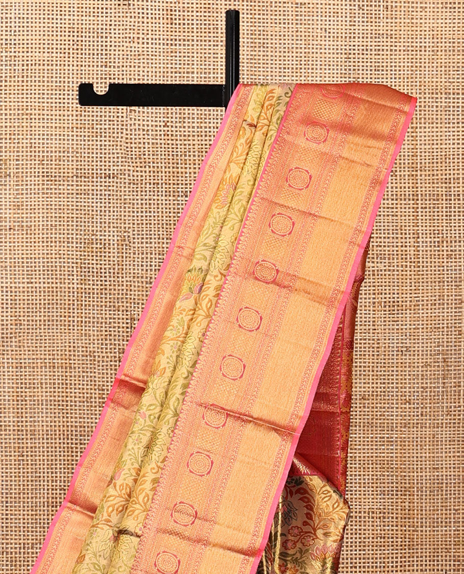 Gold Kanchipuram Tissue Silk Saree, Majestically Detailed with Floral Meenakari Jacquard, Contrast Border of  Kathir, Muthu, Neli, Kuyil Kann, and Chakram, Jaal Pallu, and Contrast Blouse