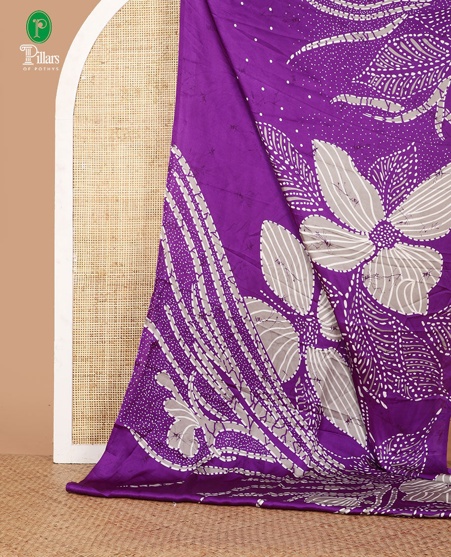 Borderless violet half-and-half model satin saree with batik-style big floral motifs digital printed body and pallu
