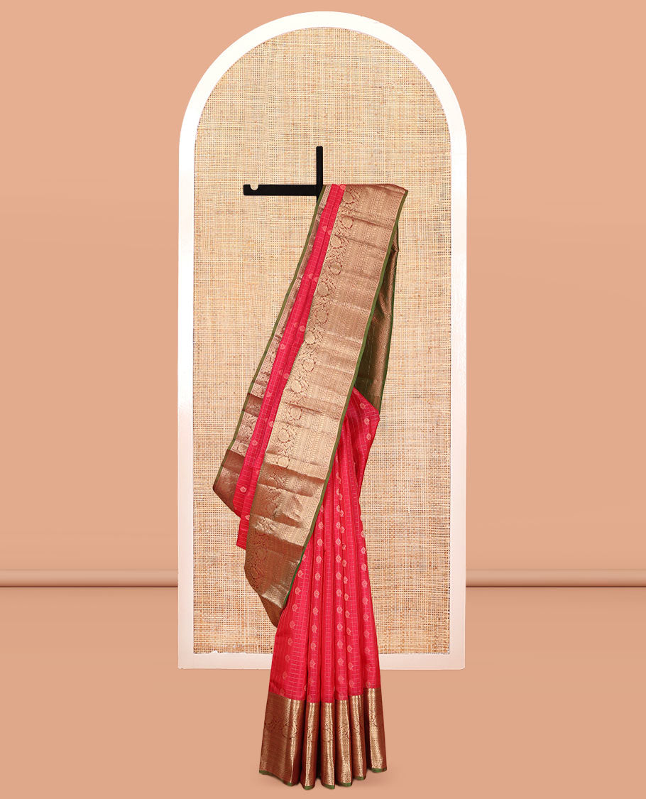 Red Vasundhara Lite Silk Mix Saree, Woven with Zari Butta Enclosed Checks, a Contrast Border of Puli Nagam and Kodi Visiry Designs, Grand Pallu, and a Contrast Blouse