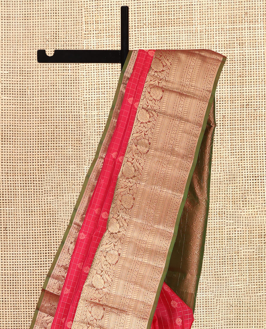 Red Vasundhara Lite Silk Mix Saree, Woven with Zari Butta Enclosed Checks, a Contrast Border of Puli Nagam and Kodi Visiry Designs, Grand Pallu, and a Contrast Blouse