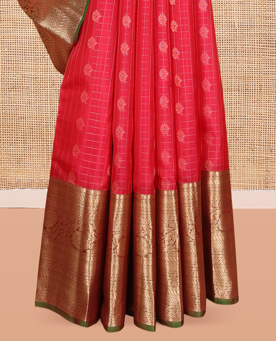 Red Vasundhara Lite Silk Mix Saree, Woven with Zari Butta Enclosed Checks, a Contrast Border of Puli Nagam and Kodi Visiry Designs, Grand Pallu, and a Contrast Blouse