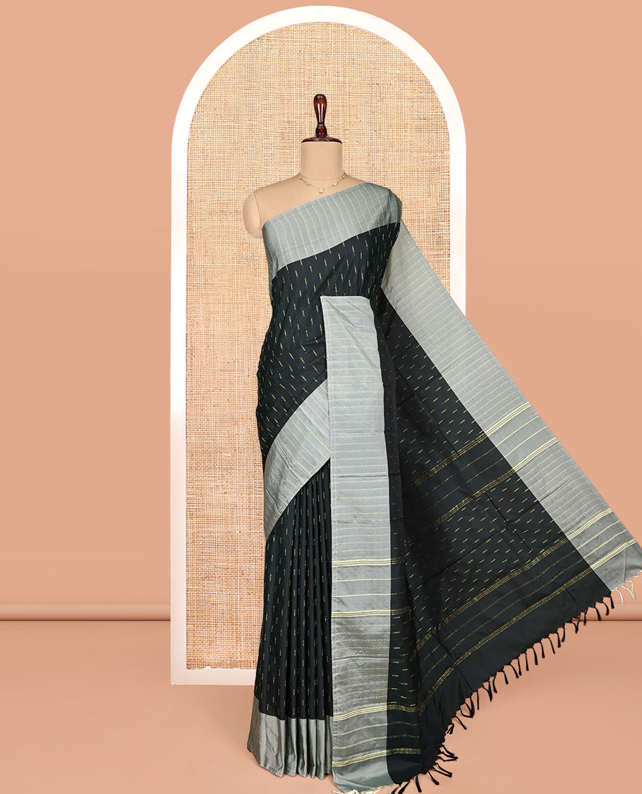 Green Aarani Gift Saree, Steeped with Zari Buttas on Its Body, Complemented by a Contrast Zig-Zag Striped Border, Pallu of Stripes and Buttas, and Paired with a Matching Blouse