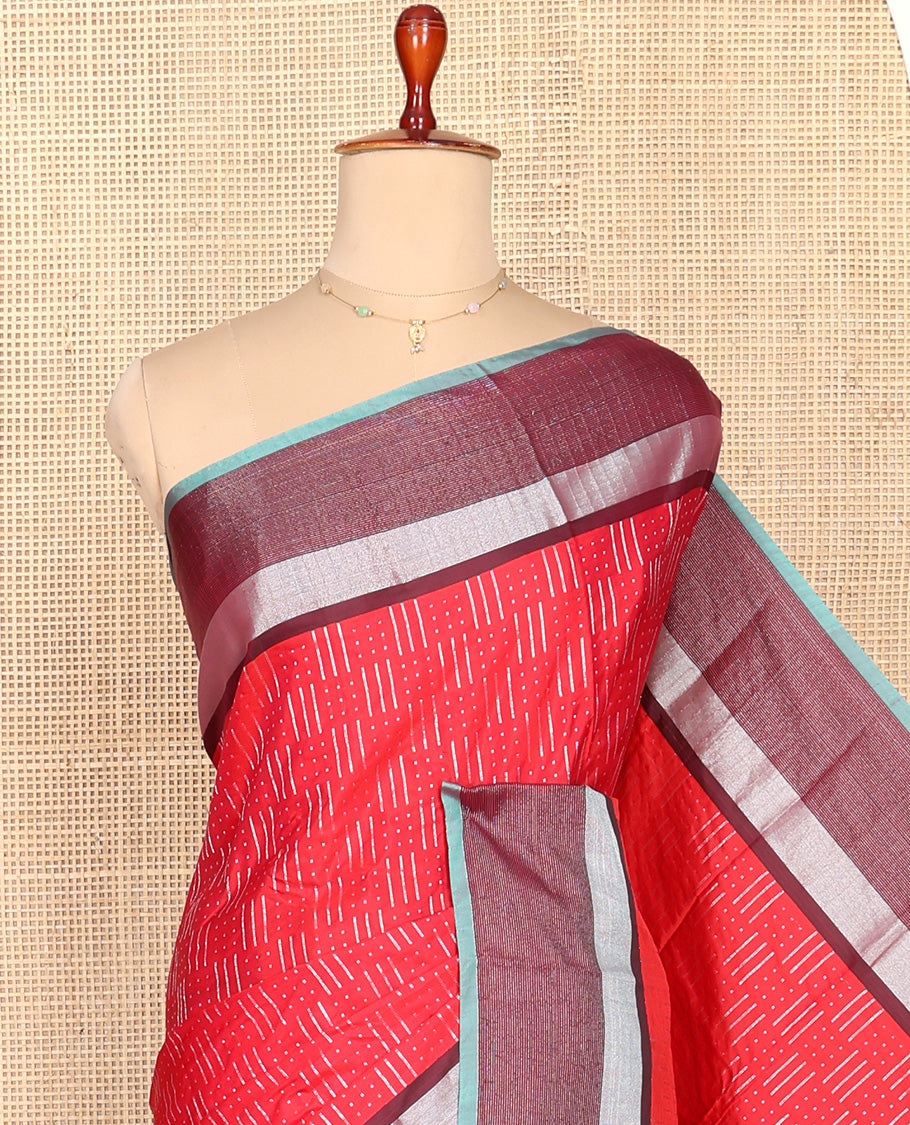 Red Aarani Silk Saree, Steeped in Richness of Zari Buttas All Over Its Body, Complemented by a Contrast Border, Pallu of Stripes, and Paired with a Contrast Blouse