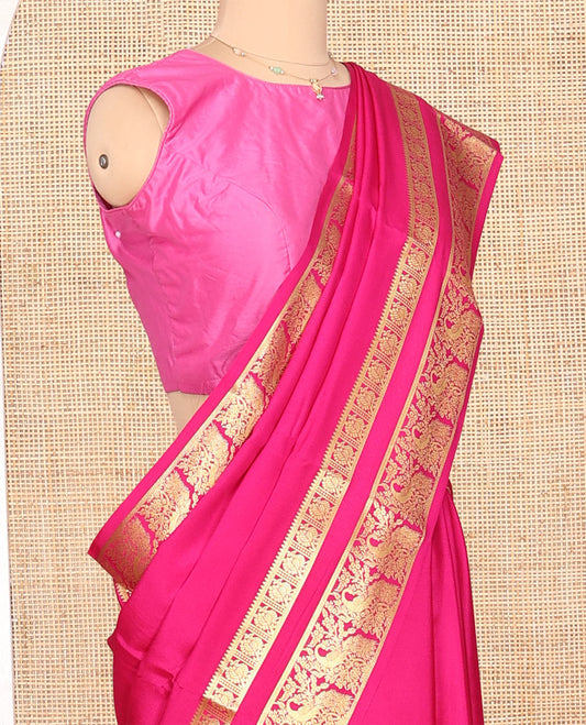 Pink Plain Mysore Silk Saree, Beautifully Detailed with Zari Border of Peacock Designs, Sparsely Woven Pallu of Stripes, and Paired with a Matching Blouse