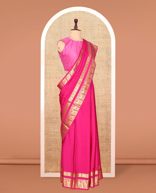 Pink Plain Mysore Silk Saree, Beautifully Detailed with Zari Border of Peacock Designs, Sparsely Woven Pallu of Stripes, and Paired with a Matching Blouse