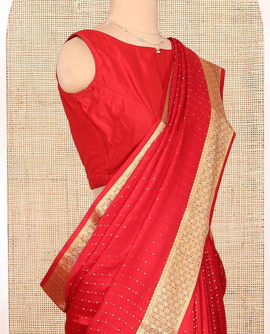 Red Mysore Silk Saree, Steeped with Dobby-Style Buttas All Over Its Body, Highlighted by Jaal Patterned Border, Pallu of Jaal Designs, and Paired with a Matching Blouse