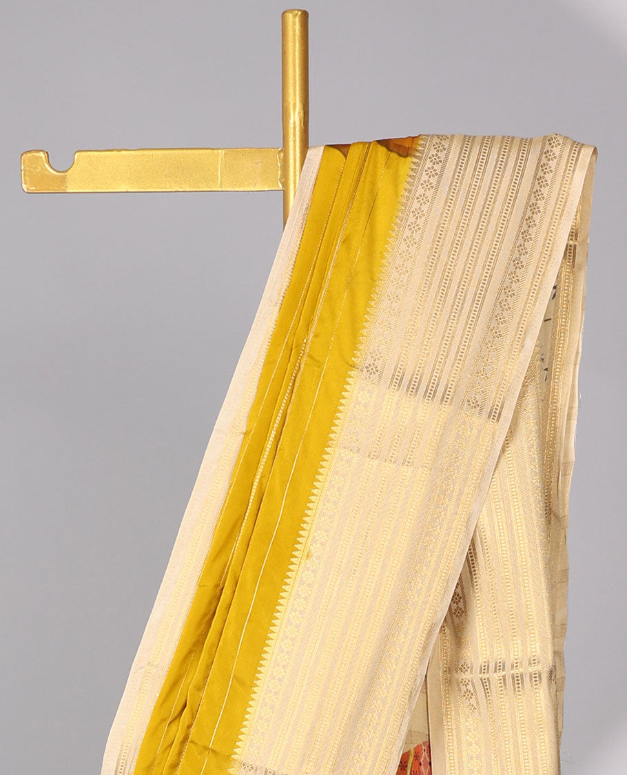 Yellow striped design art  mysore silk saree with striped zari border & Rajasthan theme design pallu