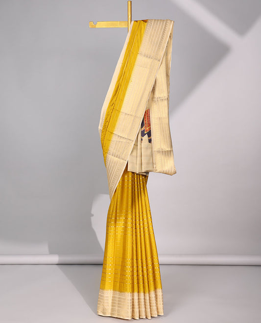 Yellow striped design art  mysore silk saree with striped zari border & Rajasthan theme design pallu