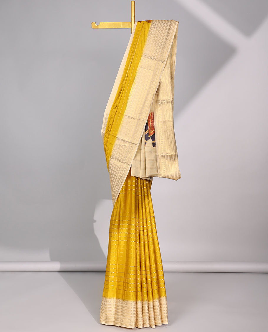 Yellow striped design art  mysore silk saree with striped zari border & Rajasthan theme design pallu