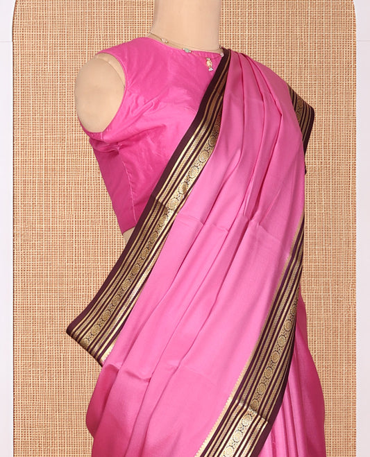 Pink Plain Mysore Silk Saree, Complemented by a Contrast Traditional Zari Border, Zari Design Pallu, and a Contrast Blouse