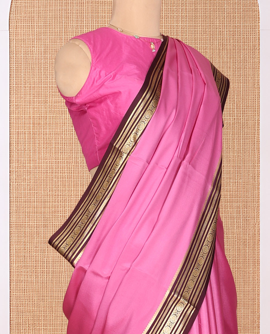 Pink Plain Mysore Silk Saree, Complemented by a Contrast Traditional Zari Border, Zari Design Pallu, and a Contrast Blouse