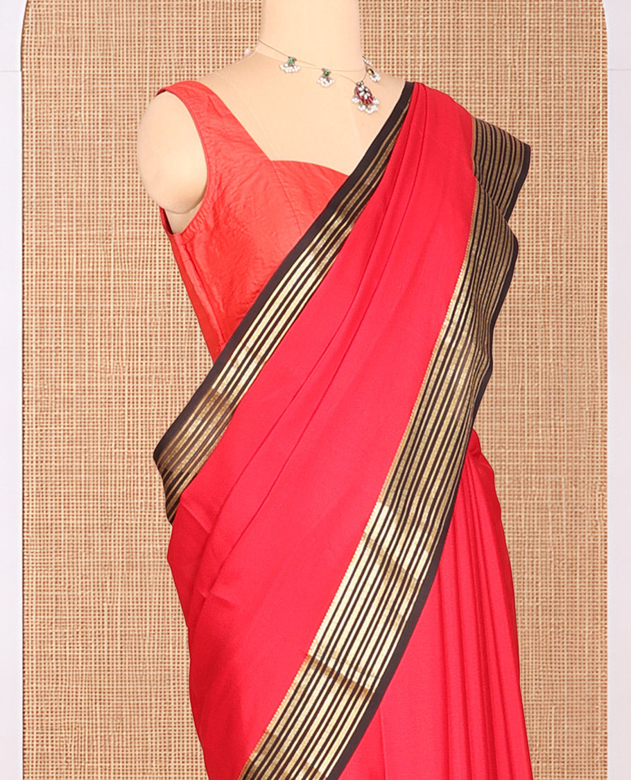 Red Plain Mysore Silk Saree, Complemented by a Contrast Traditional Zari Border, Zari Striped Pallu, and a Contrast Blouse