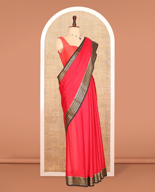 Red Plain Mysore Silk Saree, Complemented by a Contrast Traditional Zari Border, Zari Striped Pallu, and a Contrast Blouse