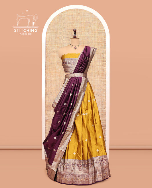 Mustard-Purple Banarasi Half-Saree, Graced with Zari Buttas, a Contrast Traditional Zari Border, a Matching Blouse, and a Contrast Embroidered Dhavani