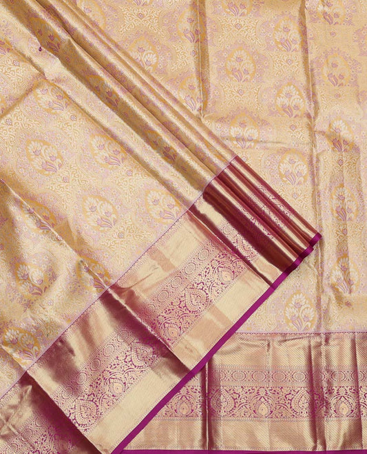 Yellow Art Silk Material Half-Saree Set, Decorated with Jacquard Design Skirt, Complemented by Contrast Traditional Zari Designs Woven Border, Grand Jacquard Blouse, and Paired with a Floral Design Blouse