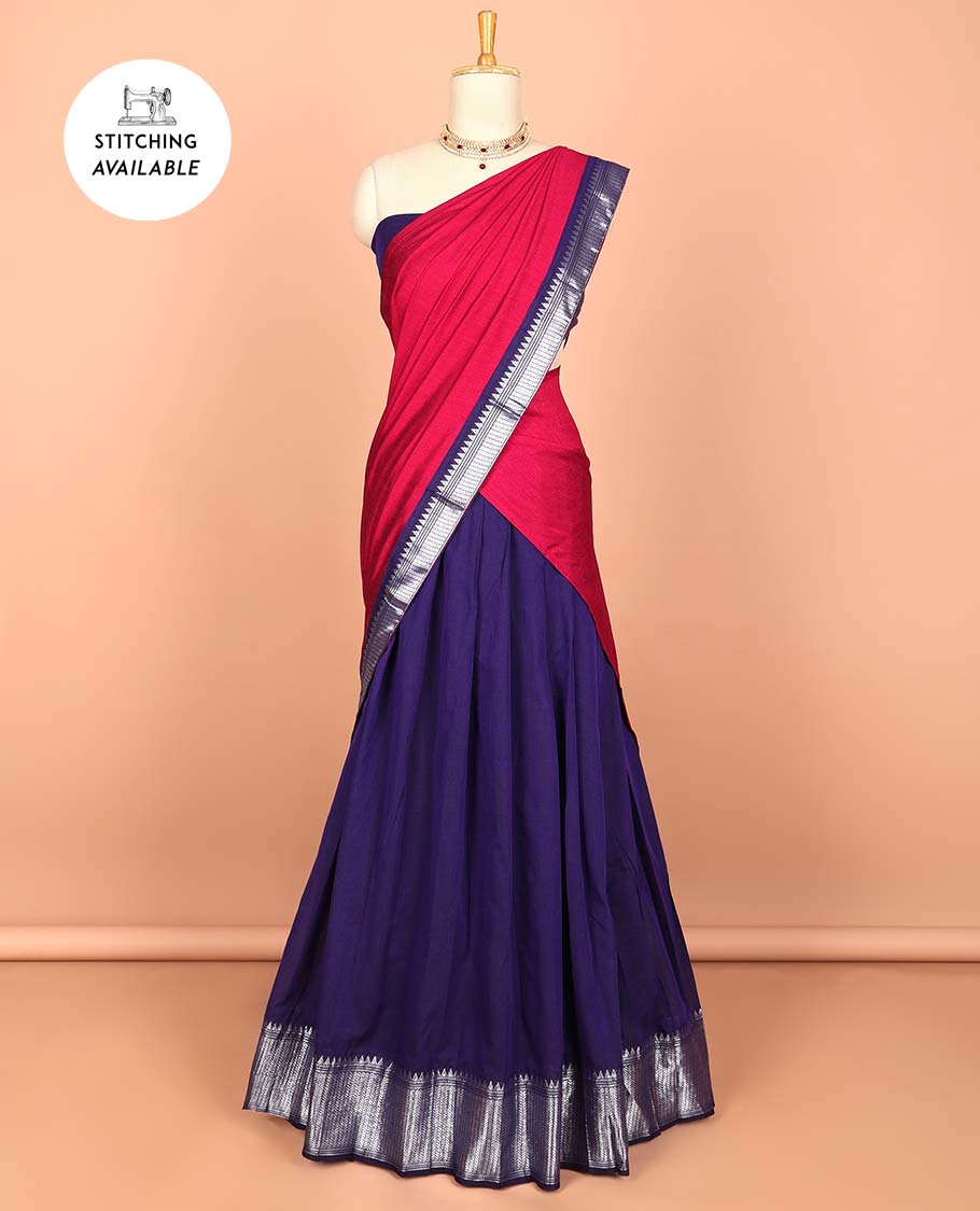 Violet cotton half saree with contrast zari border, plain blouse & plain with zari border dhavani