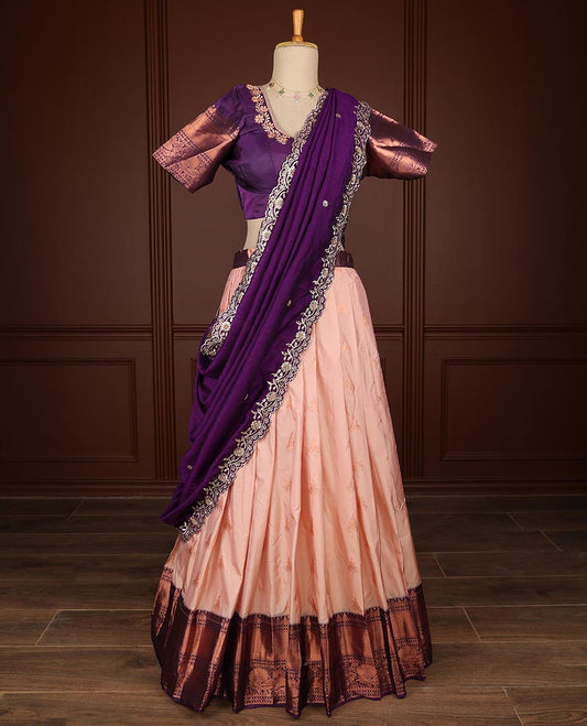 Peach half saree with contrast zari design border, embroidery blouse & floral embroidery dhavani