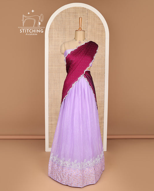 Lavender  banaras half saree with self floral embroidery border, zari design blouse & polka dot, scallop border dhavani